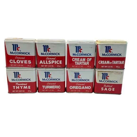 Vintage 1970s McCormick Spice Tins 8 Oregano Turmeric Cloves Allspice Thyme Sage - Picture 1 of 11
